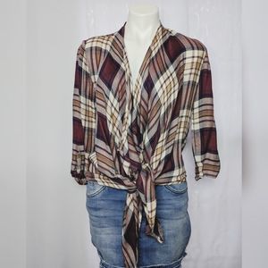 Living Coll Tie Front Open Plaid Burgundy Shirt S